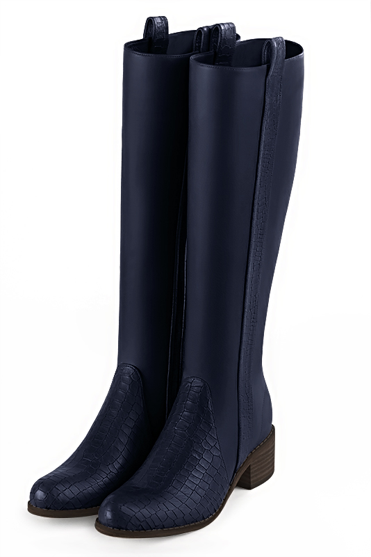 Navy blue women's riding knee-high boots. Round toe. Low leather soles. Made to measure. Front view - Florence KOOIJMAN